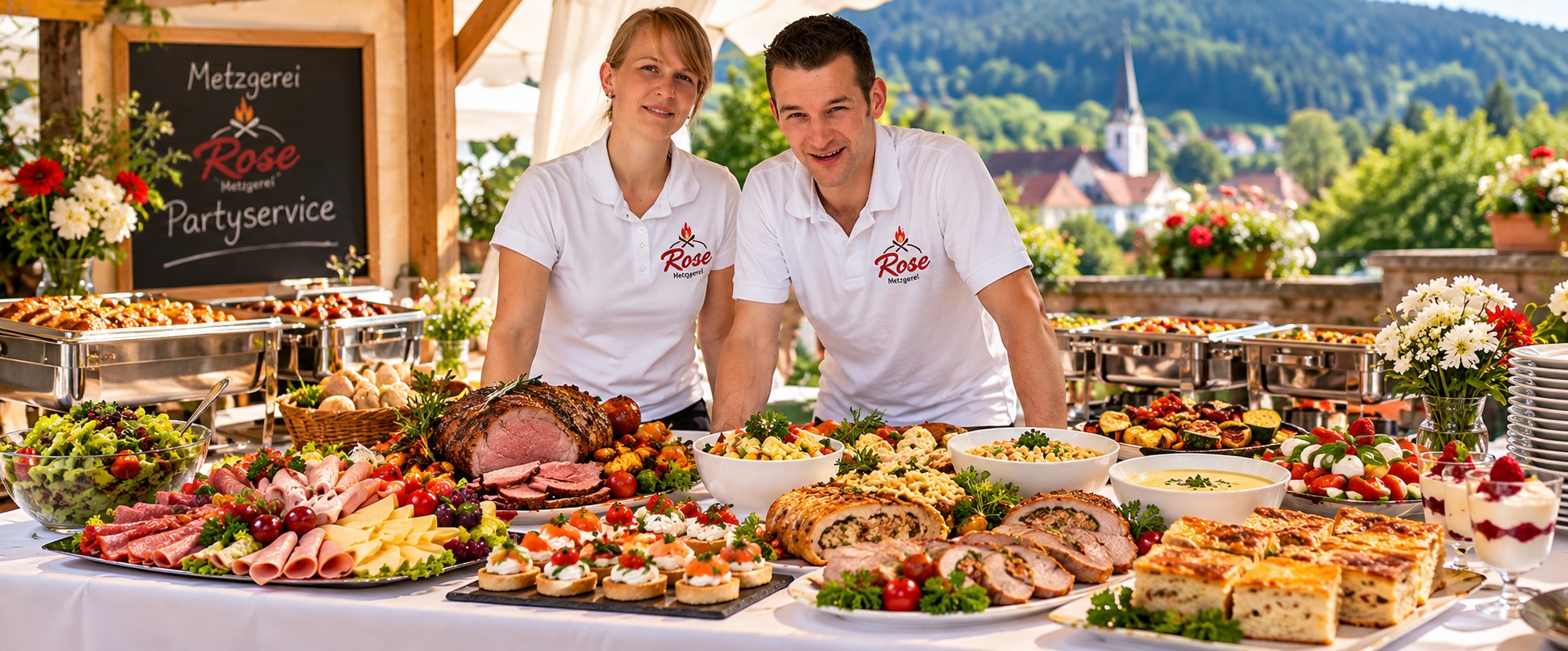 Partyservice der Metzgerei Rose – Team hinter einem festlich gedeckten Buffet (illustrative Darstellung)